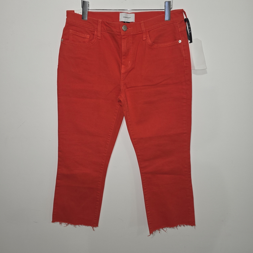 Current/Elliott Bright Red Cropped Frayed-Hem Jeans